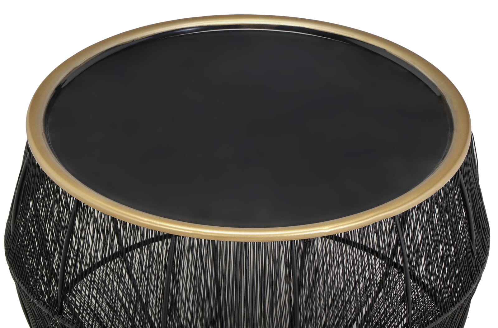 Draufsicht auf einen runden Beistelltisch mit schwarzer Tischplatte und goldfarbenem Rand, umgeben von einem filigranen, schwarzen Drahtgestell.