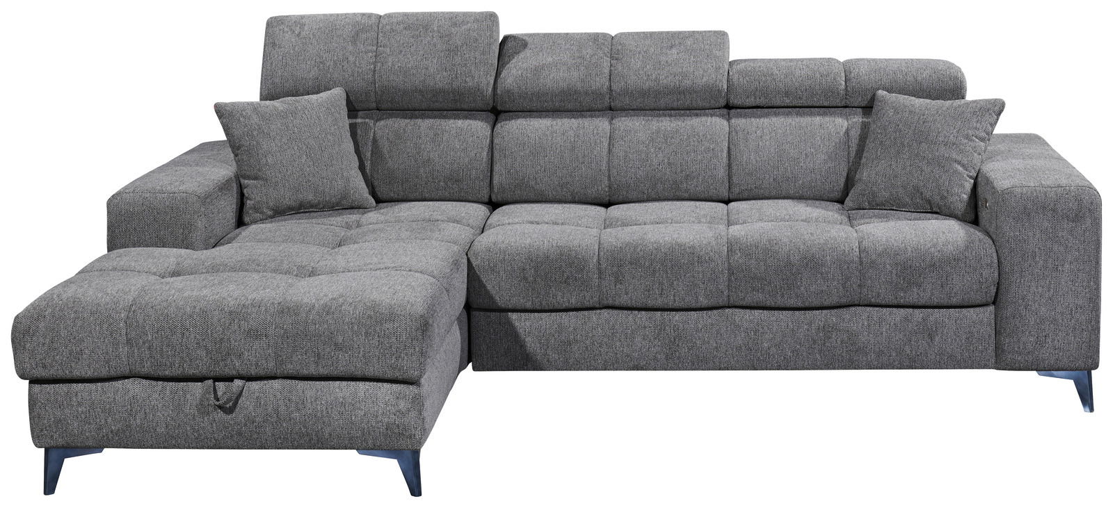 Graues Ecksofa mit zwei Kissen, Vorderansicht