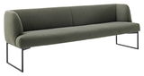 Grüne Bank mit modernem Design und Metallbeinen, seitliche Perspektive