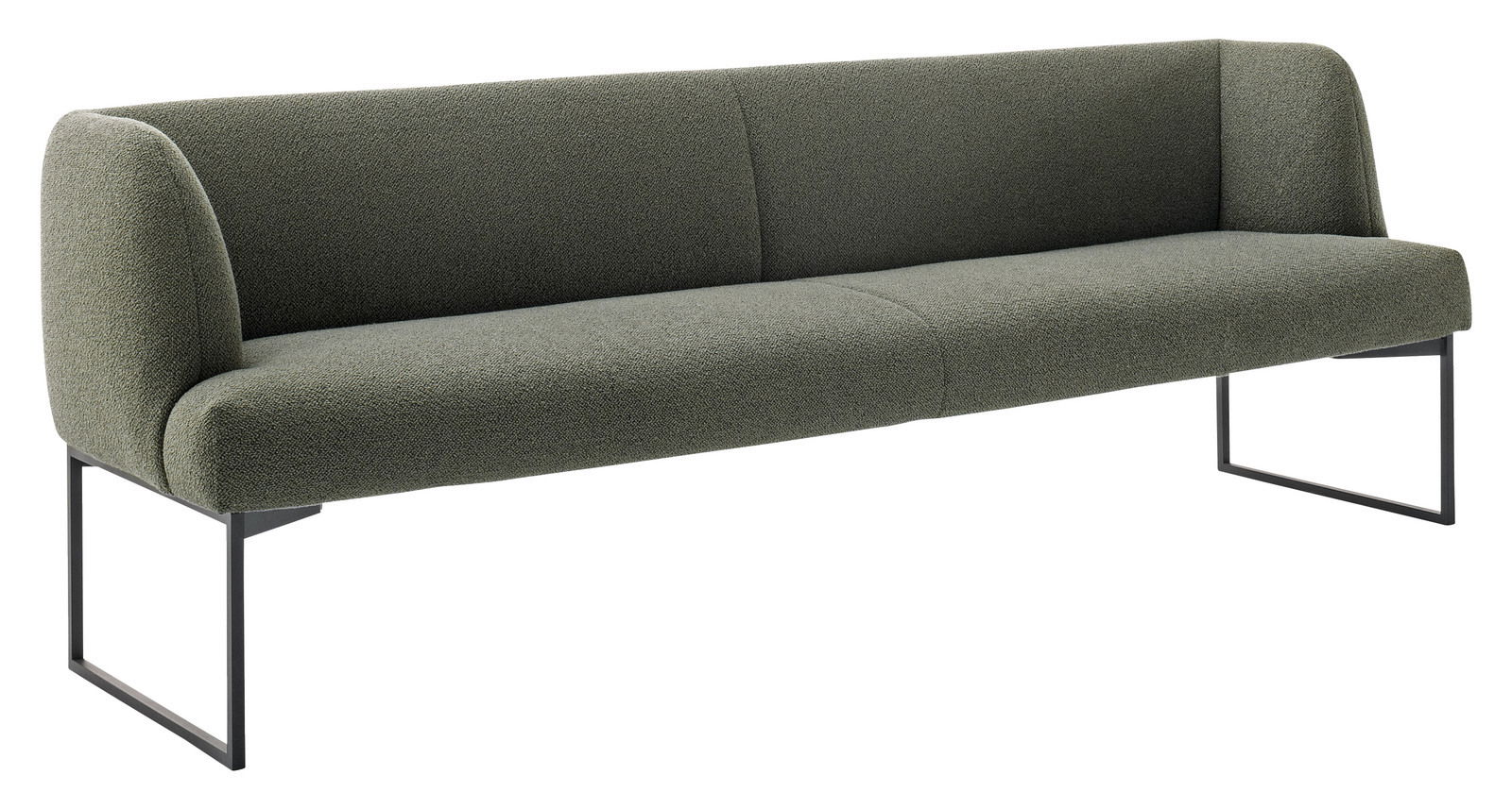 Grüne Bank mit modernem Design und Metallbeinen, seitliche Perspektive
