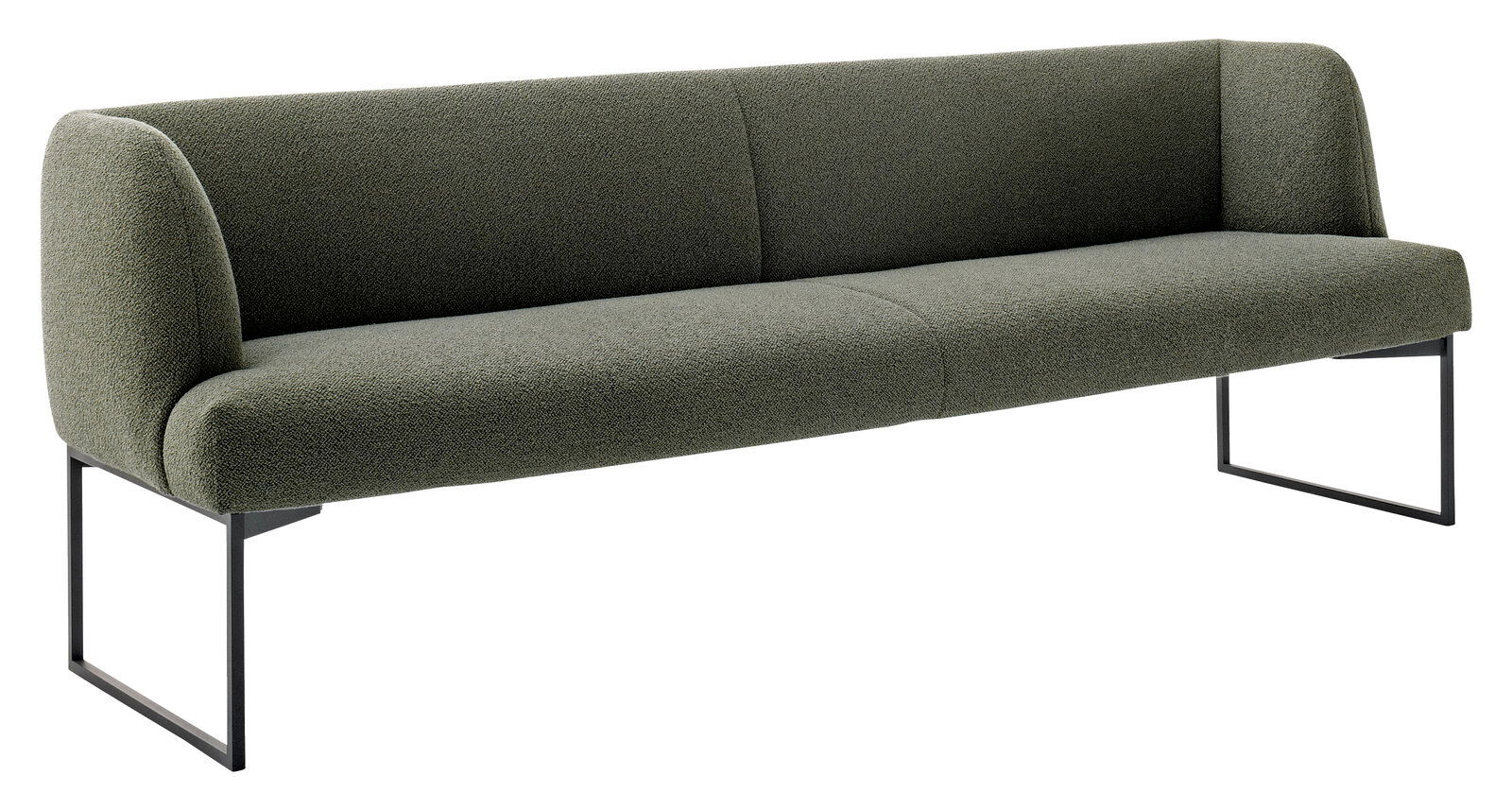 Grüne Bank mit modernem Design und Metallbeinen, seitliche Perspektive