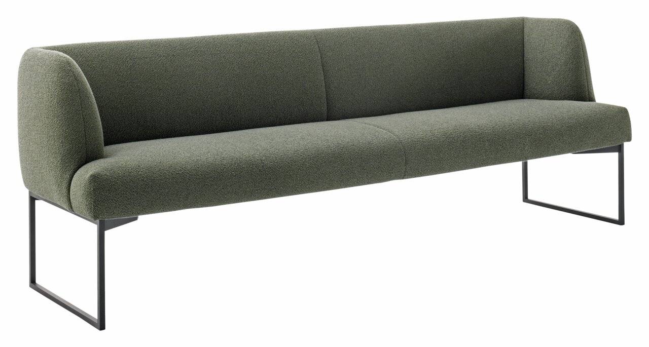Grüne Bank mit modernem Design und Metallbeinen, seitliche Perspektive