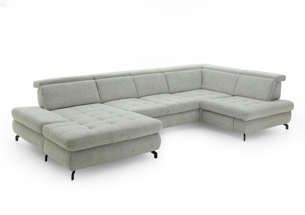 Graue Polsterrundecke in L-Form mit moderner, gepolsterter Oberfläche und schwarzen Füßen, Perspektive von vorne links