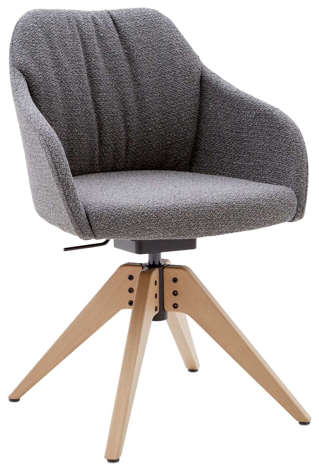 Grijze fauteuil met gestoffeerde zitting en rugleuning, op een houten onderstel met vier poten, zijaanzicht
