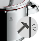 Nahaufnahme eines Topfes aus Edelstahl mit rotem Rand und robustem Design, seitliche Perspektive.