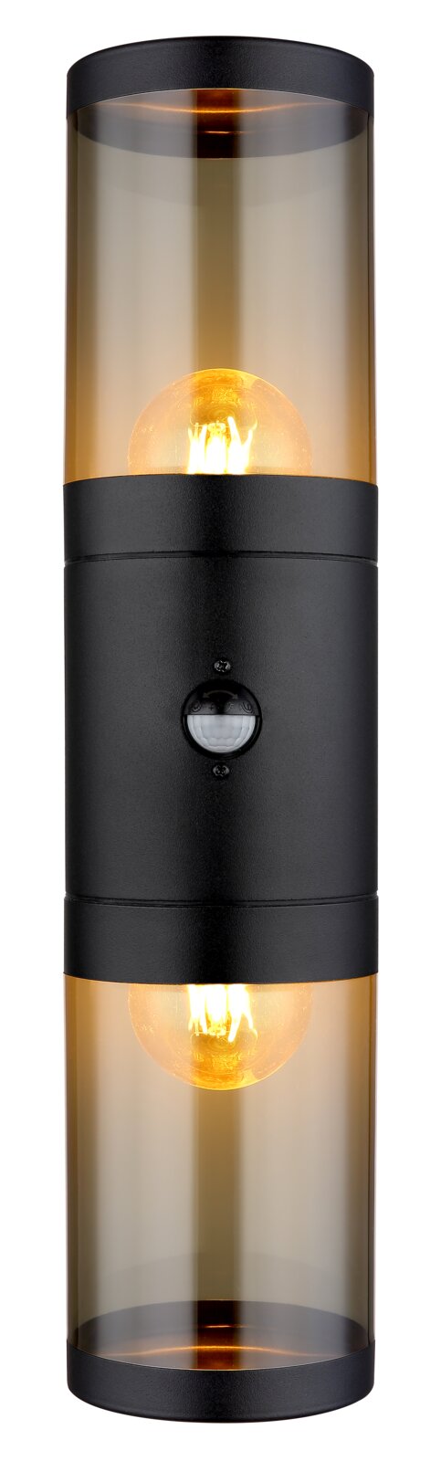 Moderne Außenleuchte mit zylindrischem Design und schwarzem Gehäuse, frontal betrachtet.