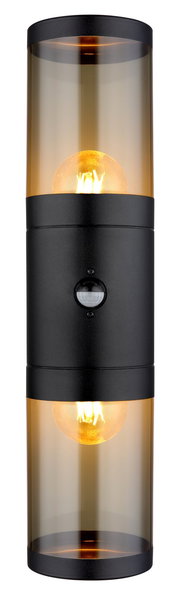 Moderne Außenleuchte mit zylindrischem Design und schwarzem Gehäuse, frontal betrachtet.