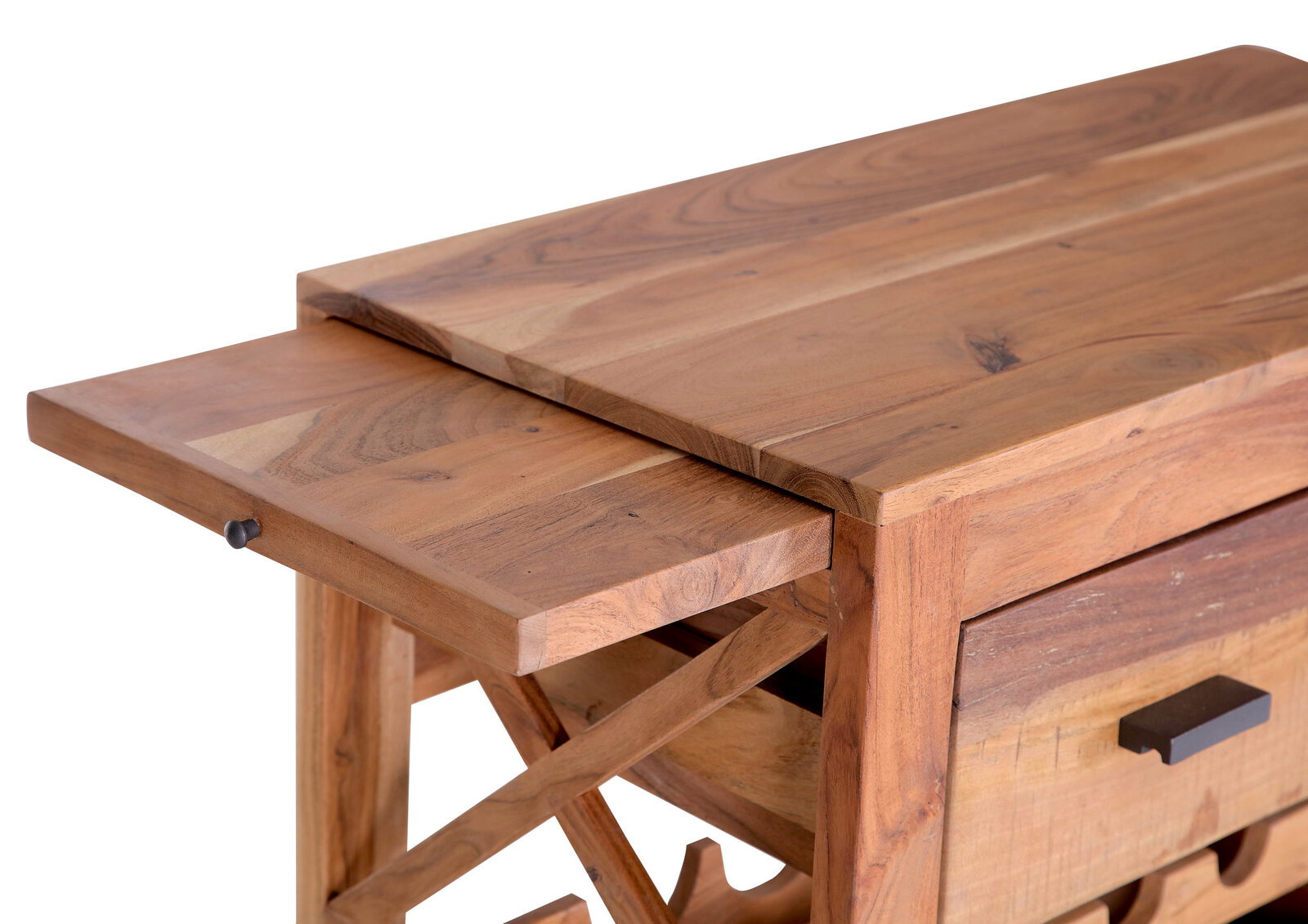 Nahaufnahme eines Servierwagens aus Holz mit ausziehbarer Ablage und Schublade, seitliche Perspektive.
