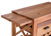 Nahaufnahme eines Servierwagens aus Holz mit ausziehbarer Ablage und Schublade, seitliche Perspektive.