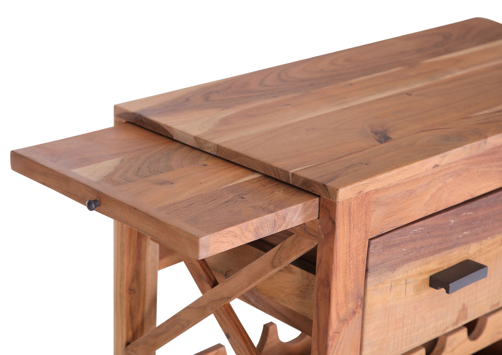 Nahaufnahme eines Servierwagens aus Holz mit ausziehbarer Ablage und Schublade, seitliche Perspektive.