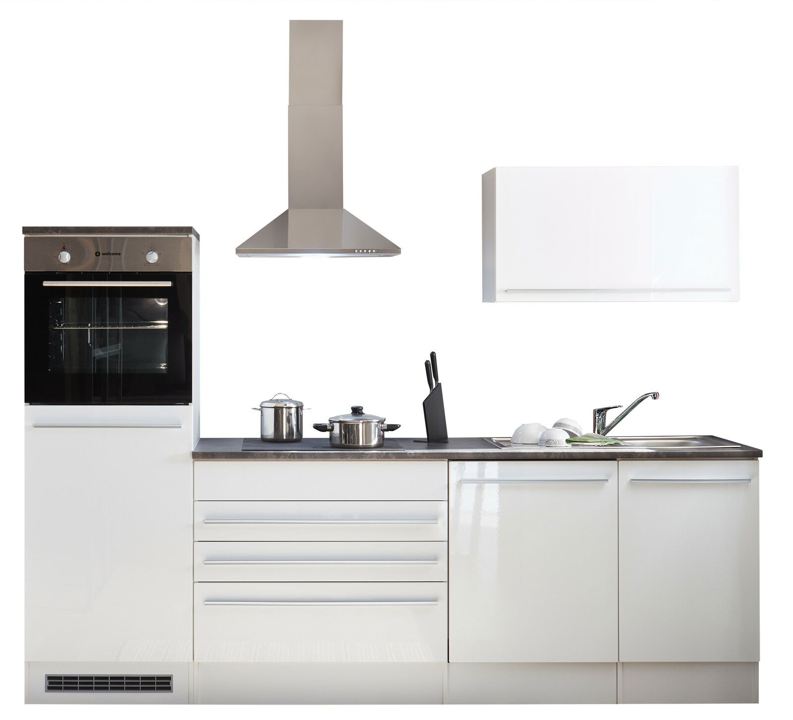 Moderne Küchenzeile in Weiß mit integriertem Backofen, Dunstabzugshaube, Spüle und Hängeschrank, frontal betrachtet.