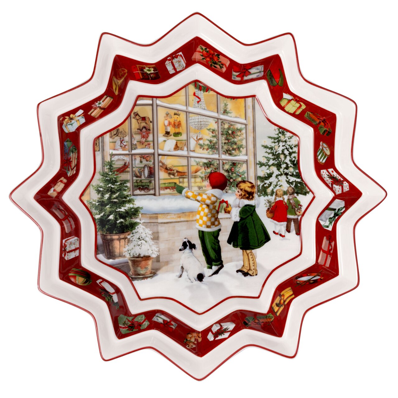 Villeroy & Boch Schale Große, sternförmige Schale mit weihnachtlichem Motiv von Kindern und Hund vor einem Schaufenster, von oben betrachtet.