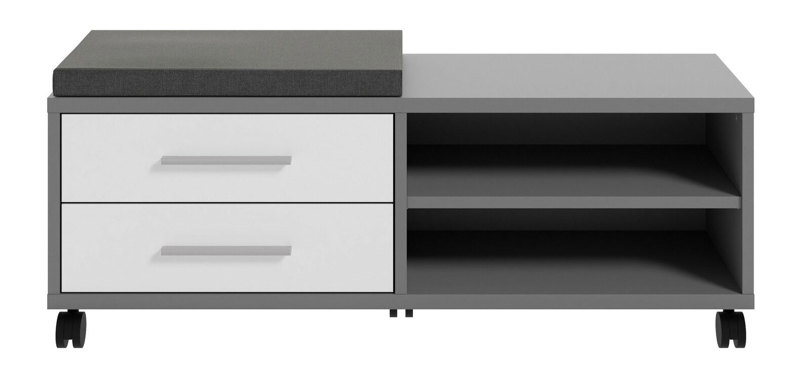 Sitz-Rollcontainer mit zwei Schubladen und zwei offenen Fächern, graue und weiße Farbgebung, Ansicht von vorne.
