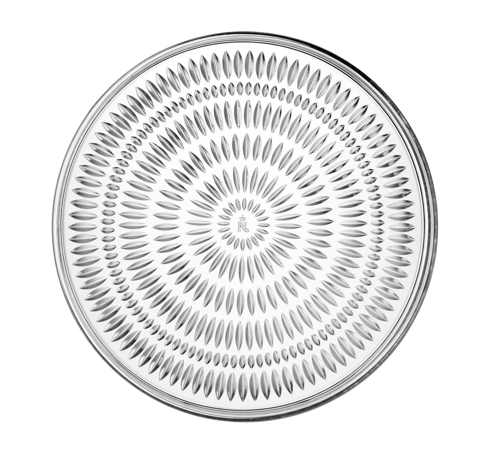 Runder Teller mit dekorativem, konzentrischem Muster aus ovalen Formen, Draufsicht.