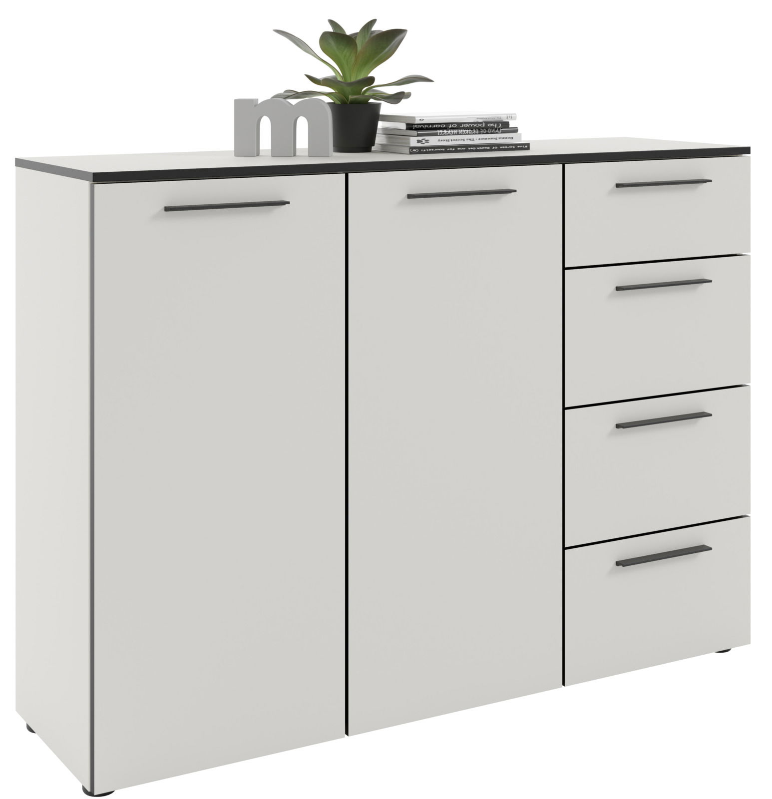 Weißes Sideboard mit zwei Türen und vier Schubladen, dekoriert mit einer Pflanze und Büchern, Frontalansicht