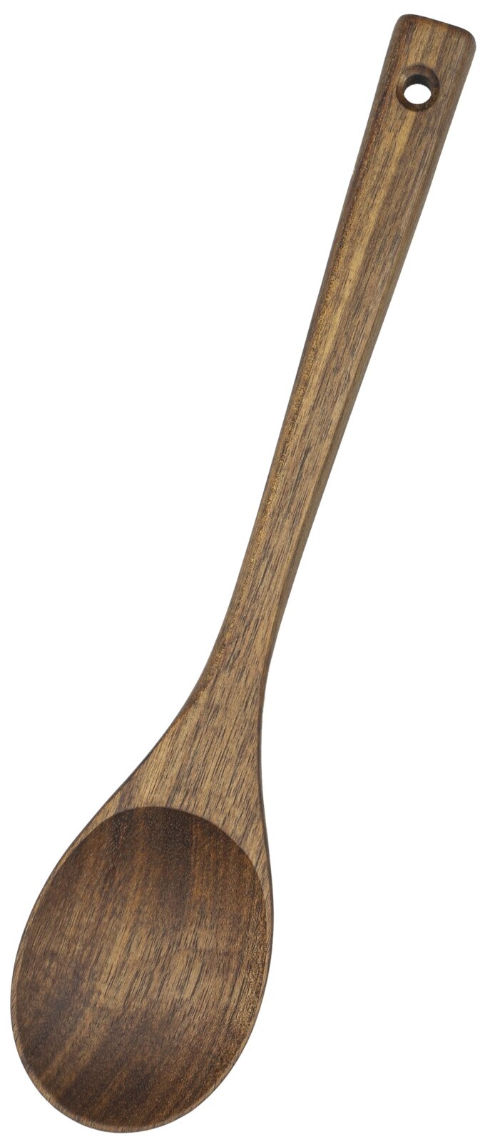 Holzlöffel mit dunkler Maserung und Aufhängeloch am Griff, freigestellt auf weißem Hintergrund, Vorderansicht von oben