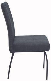 Seitenansicht eines modernen, dunkelgrauen Stuhls mit gepolsterter Sitzfläche und Rückenlehne auf Metallbeinen.