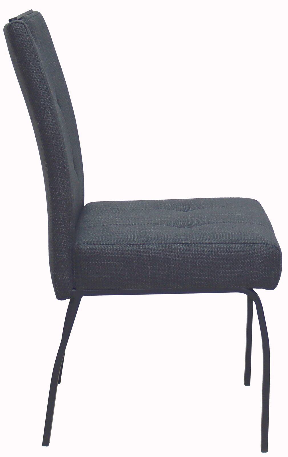 Seitenansicht eines modernen, dunkelgrauen Stuhls mit gepolsterter Sitzfläche und Rückenlehne auf Metallbeinen.