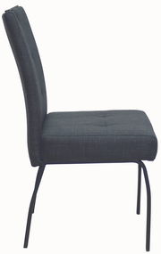 Seitenansicht eines modernen, dunkelgrauen Stuhls mit gepolsterter Sitzfläche und Rückenlehne auf Metallbeinen.