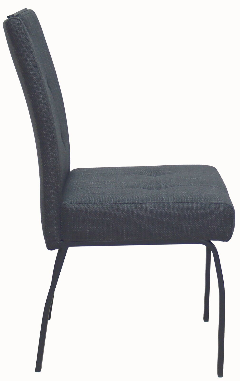 Seitenansicht eines modernen, dunkelgrauen Stuhls mit gepolsterter Sitzfläche und Rückenlehne auf Metallbeinen.