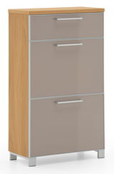 Schmaler Schuhschrank aus Holz mit drei Klappen, Frontansicht