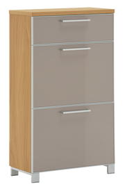 Schmaler Schuhschrank aus Holz mit drei Klappen, Frontansicht