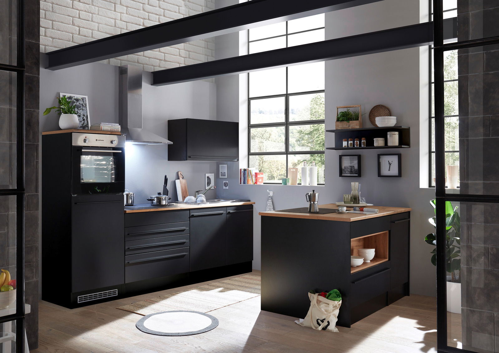 Smartkitchen Kücheninsel JAZZ Moderne Küche mit schwarzer Kücheninsel und Holzarbeitsplatte, seitliche Perspektive