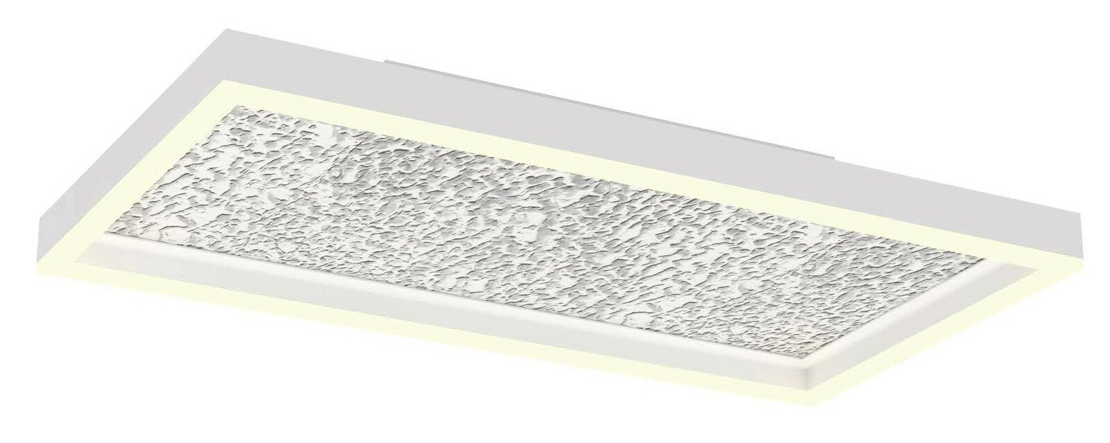 Rechteckige LED-Deckenleuchte mit strukturiertem Muster, seitliche Perspektive