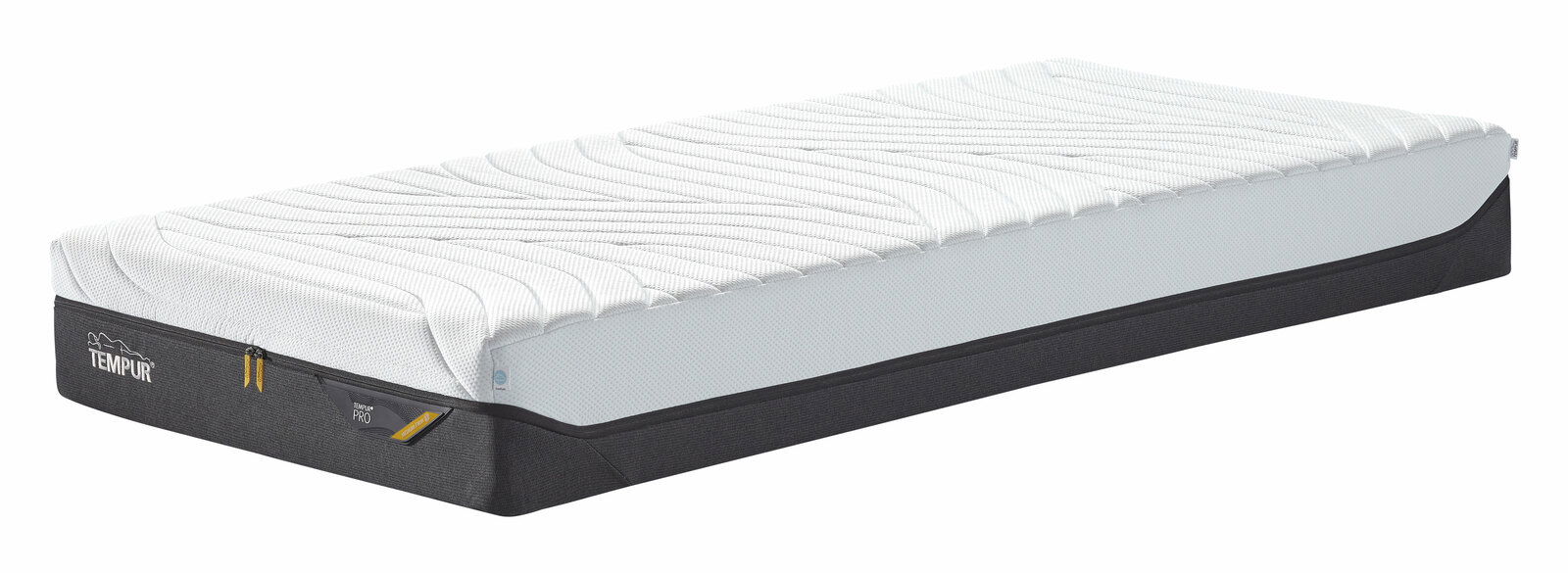 Tempur TFK-Matratze PRO COOLQUILT Seitliche Ansicht einer hochwertigen Matratze mit weißem Bezug und schwarzem Rand, geeignet für festen Liegekomfort.
