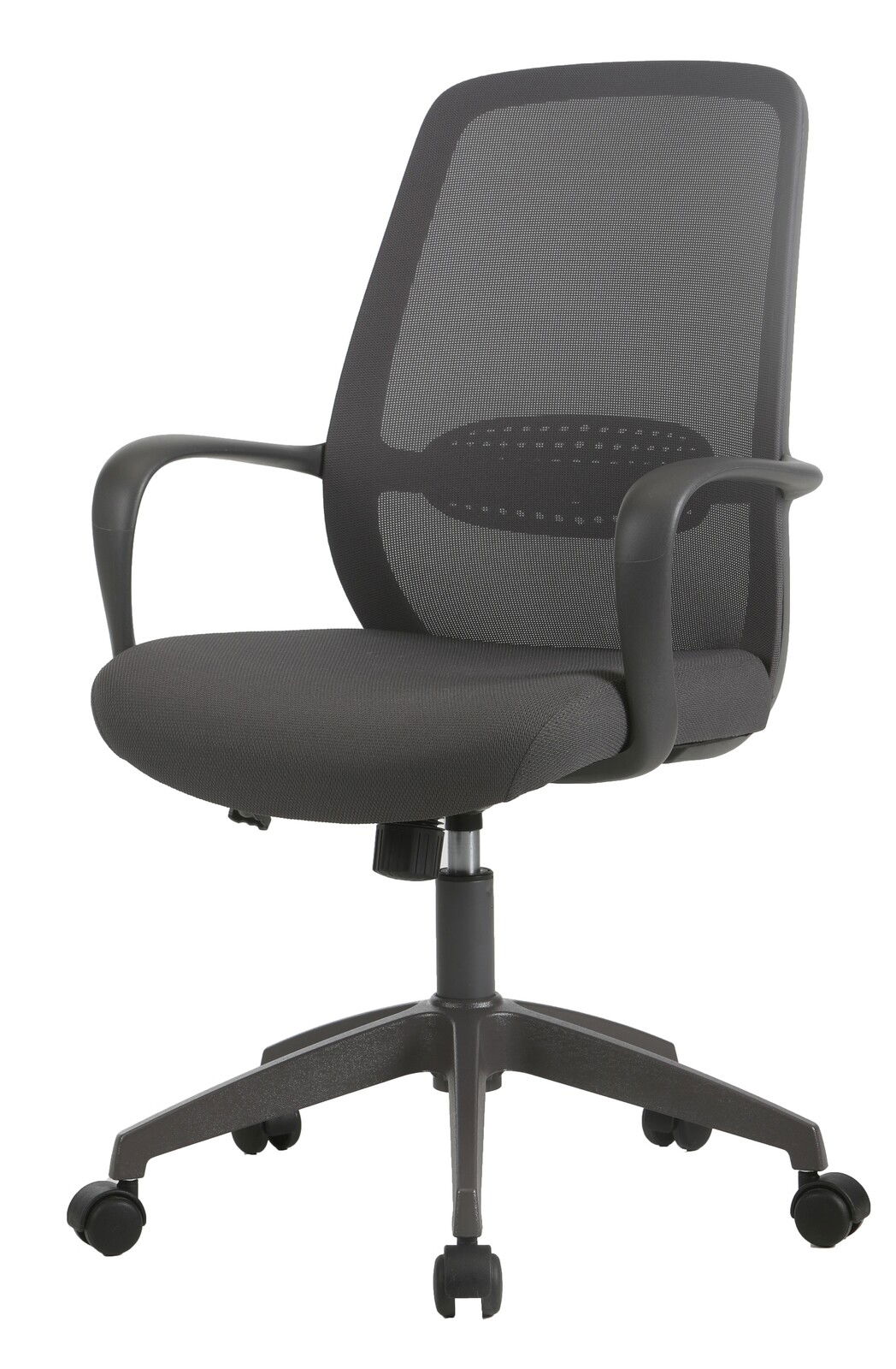 Schwarzer Drehstuhl mit Netzrückenlehne und Armlehnen, seitliche Perspektive