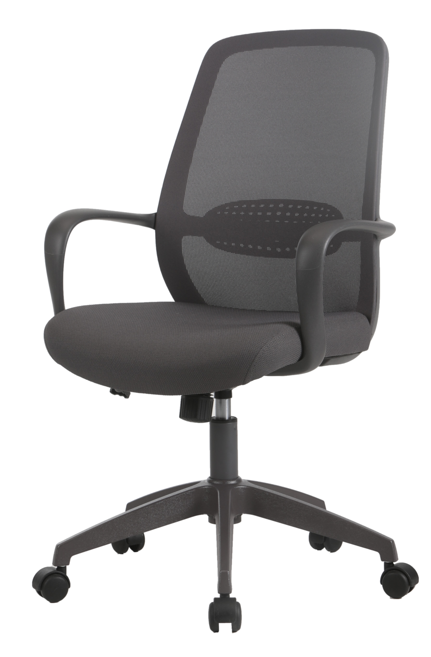 Schwarzer Drehstuhl mit Netzrückenlehne und Armlehnen, seitliche Perspektive