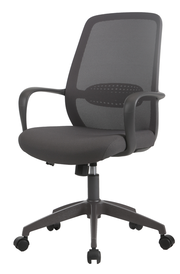 Schwarzer Drehstuhl mit Netzrückenlehne und Armlehnen, seitliche Perspektive