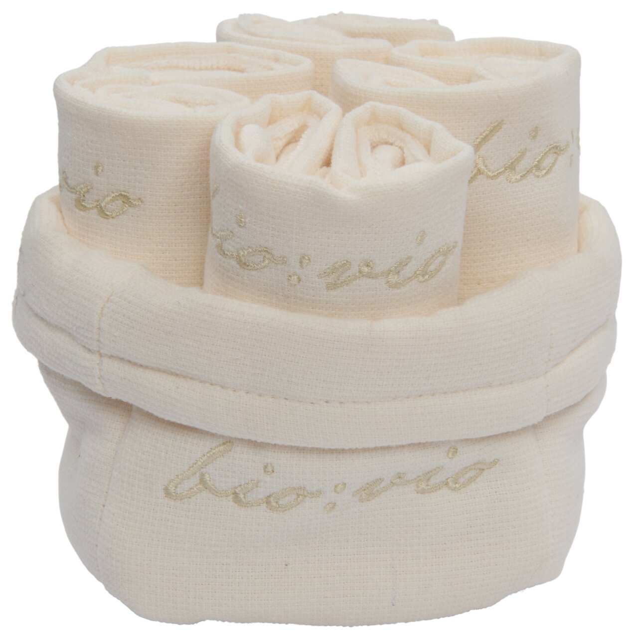 Gästetuchset in einem cremefarbenen Korb, von oben betrachtet, mit eingesticktem 'bio:vio' Schriftzug.