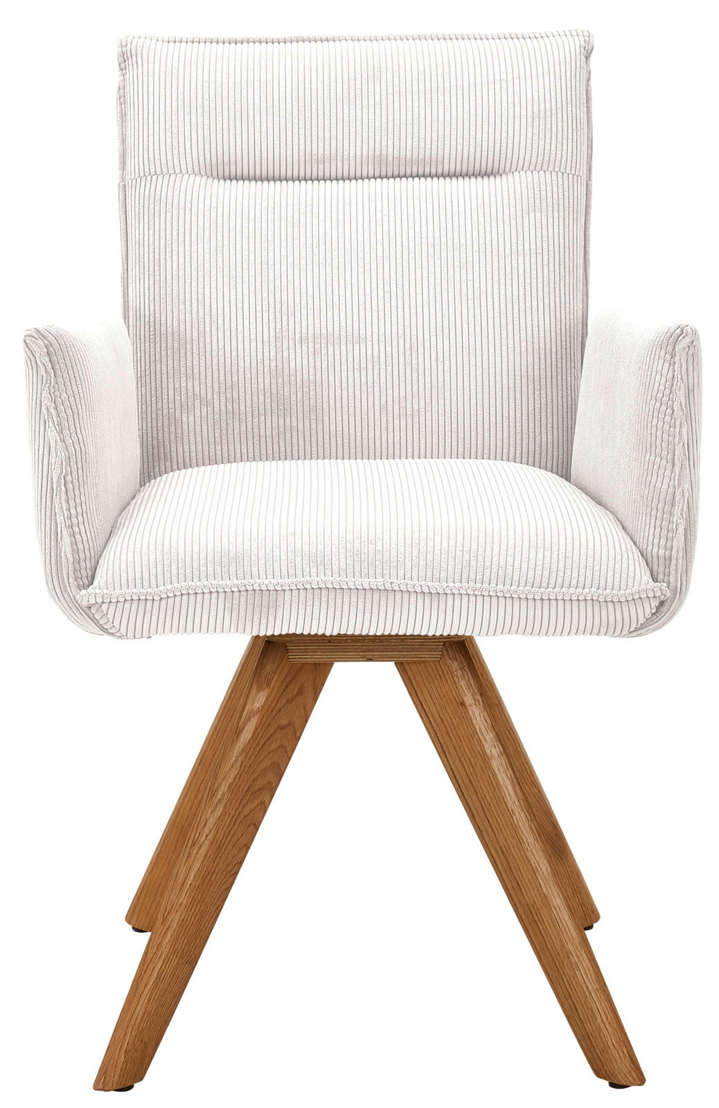 Moderner Armlehnstuhl mit hellem Stoffbezug und Holzbeinen, Frontalansicht