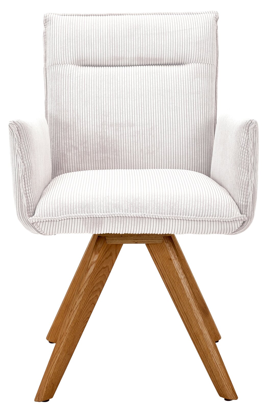 Moderne fauteuil met lichte stoffen bekleding en houten poten, vooraanzicht