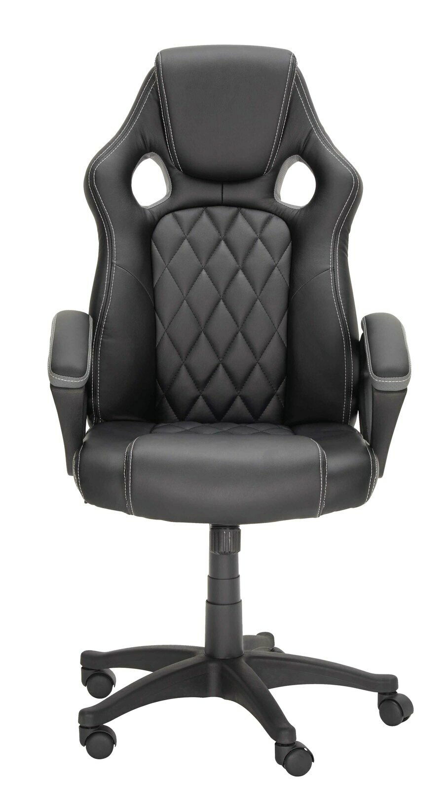 Schwarzer Gaming Stuhl mit ergonomischem Design und gestepptem Muster, Vorderansicht