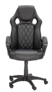 Zwarte gamingstoel met ergonomisch ontwerp en gewatteerd patroon, vooraanzicht