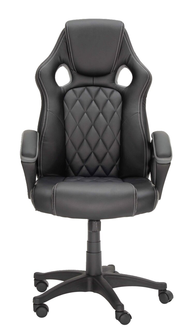 Zwarte gamingstoel met ergonomisch ontwerp en gewatteerd patroon, vooraanzicht
