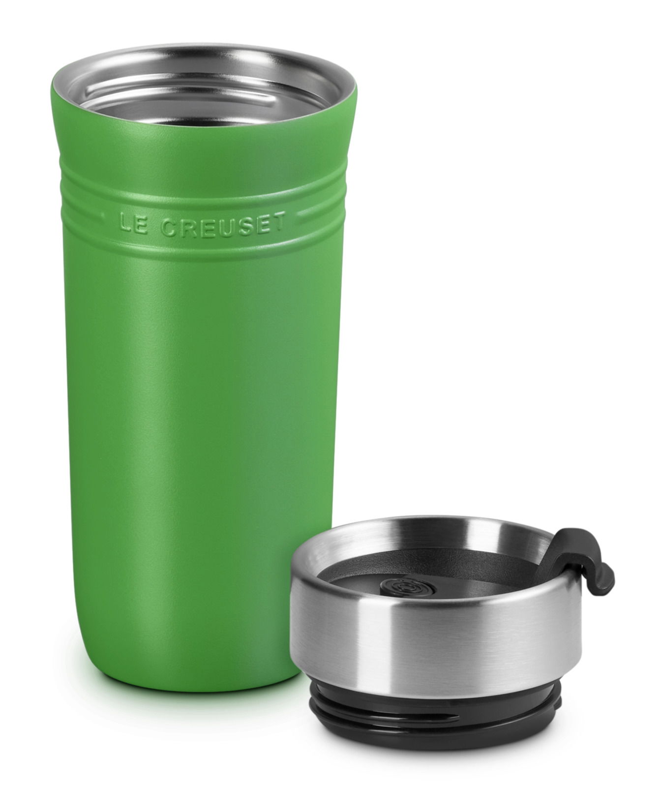 LE CREUSET Thermobecher Bamboo ON THE GO Grüner Thermobecher 350ml Bamboo mit abgenommenem Deckel, seitliche Perspektive