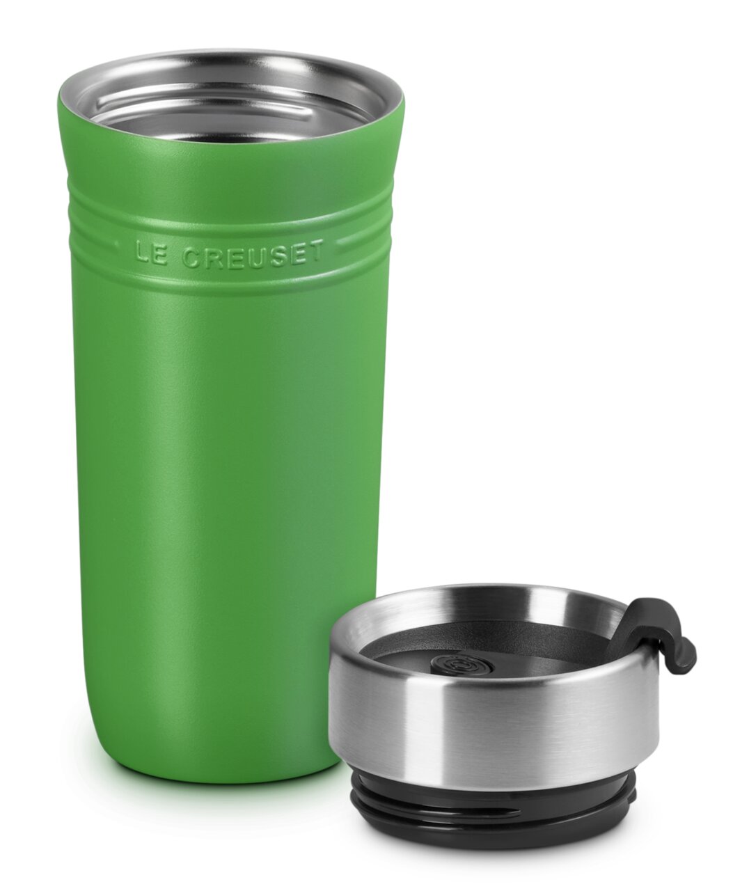LE CREUSET Thermobecher Bamboo ON THE GO Grüner Thermobecher 350ml Bamboo mit abgenommenem Deckel, seitliche Perspektive