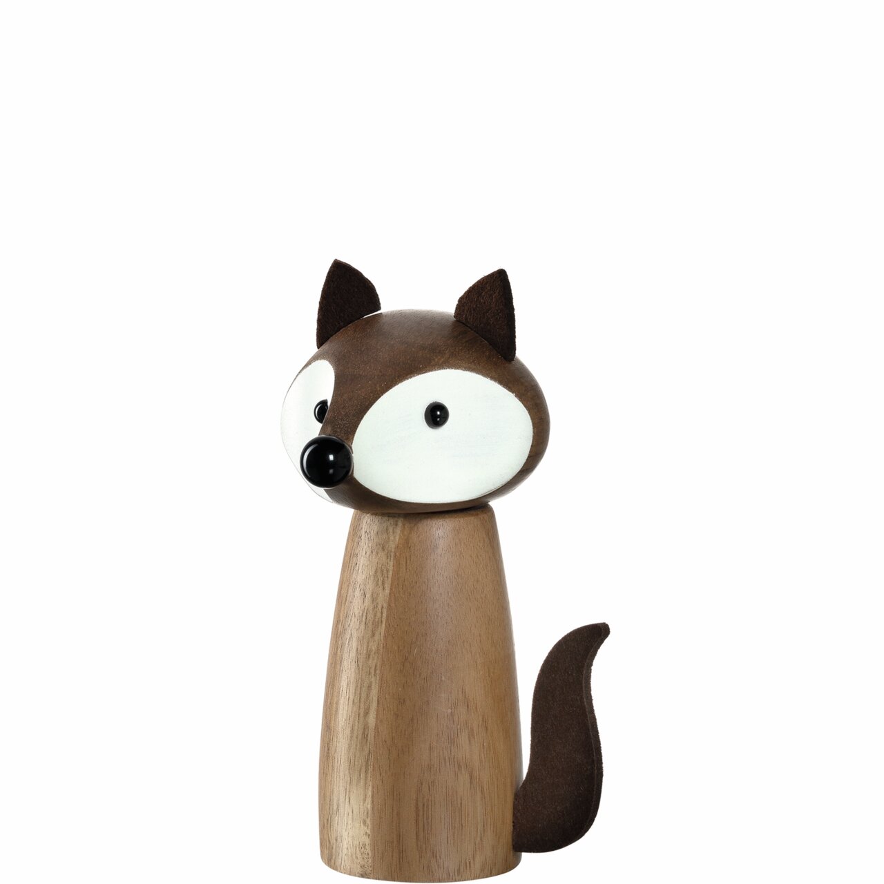 Holz-Gewürzmühle in Form eines Fuchses, seitliche Perspektive