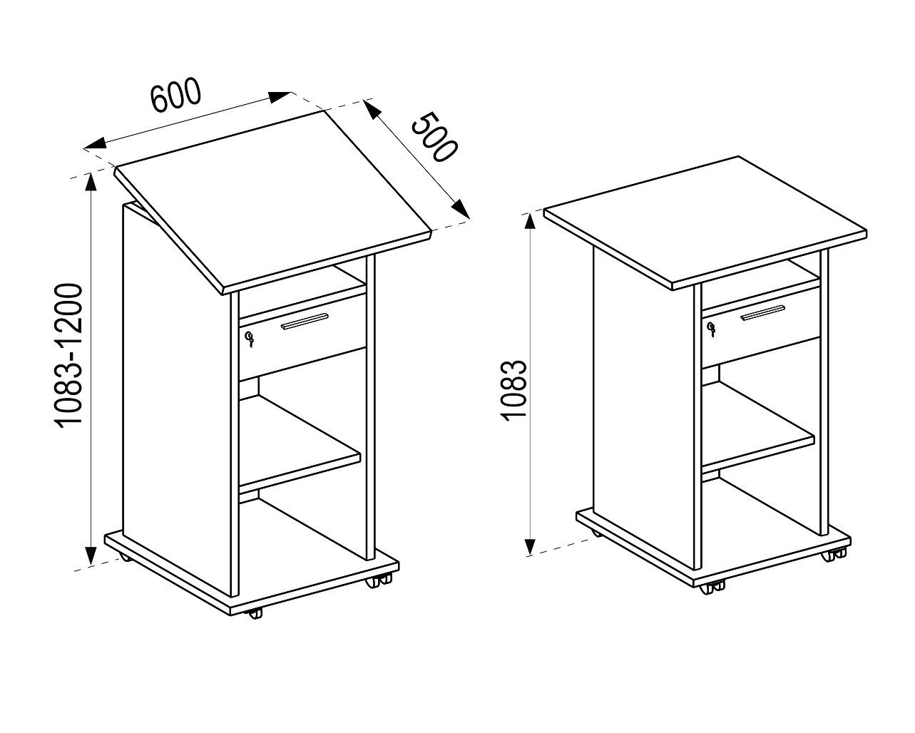 Technische Zeichnung eines rollbaren Stehpults mit schräg verstellbarer Tischplatte (600 x 500 mm), Höhe 1083–1200 mm, mit Schublade und Ablagefächern, perspektivische Seitenansicht