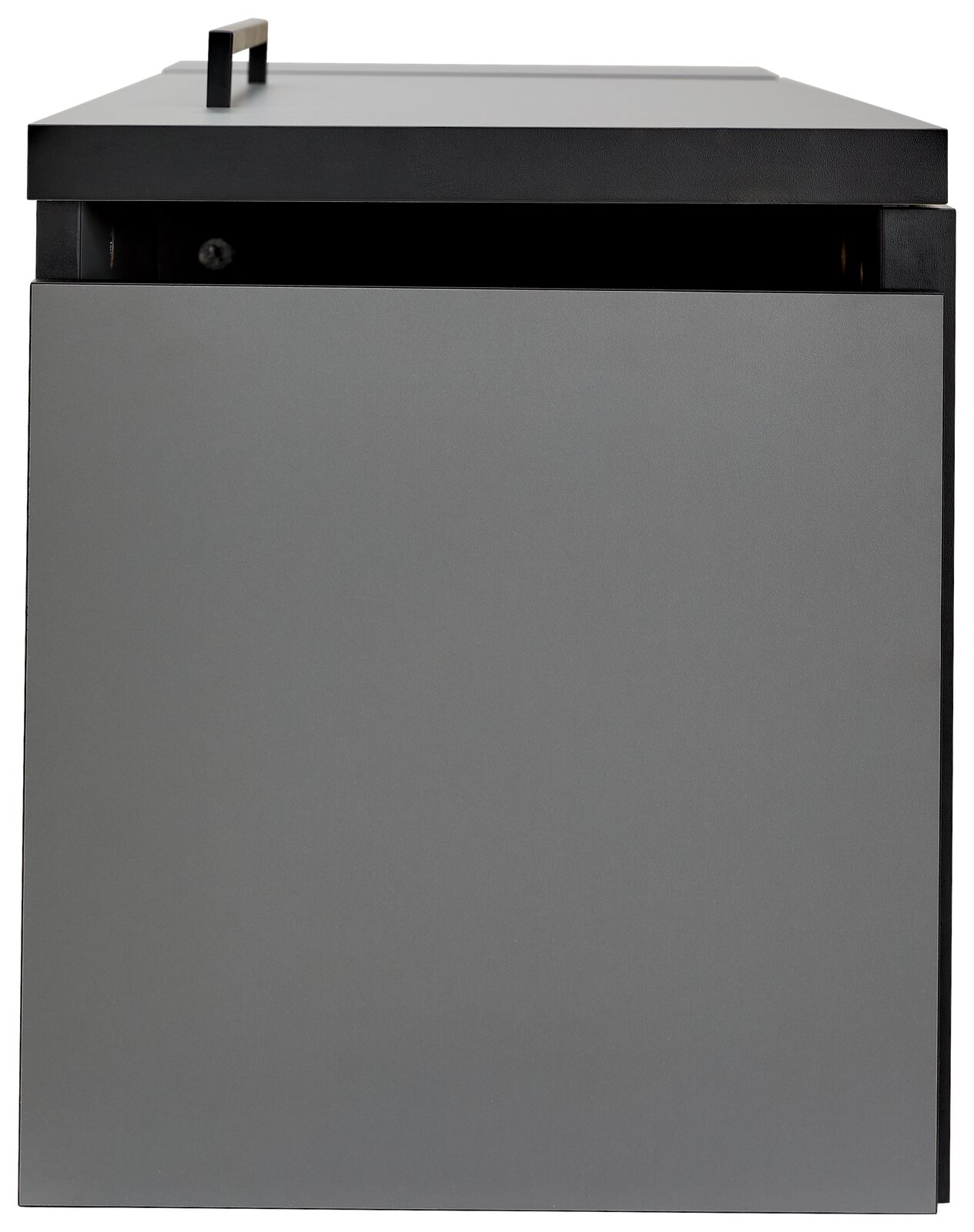 Graue Towerunit (Container) aus seitlicher Perspektive mit schwarzem Griff oben.