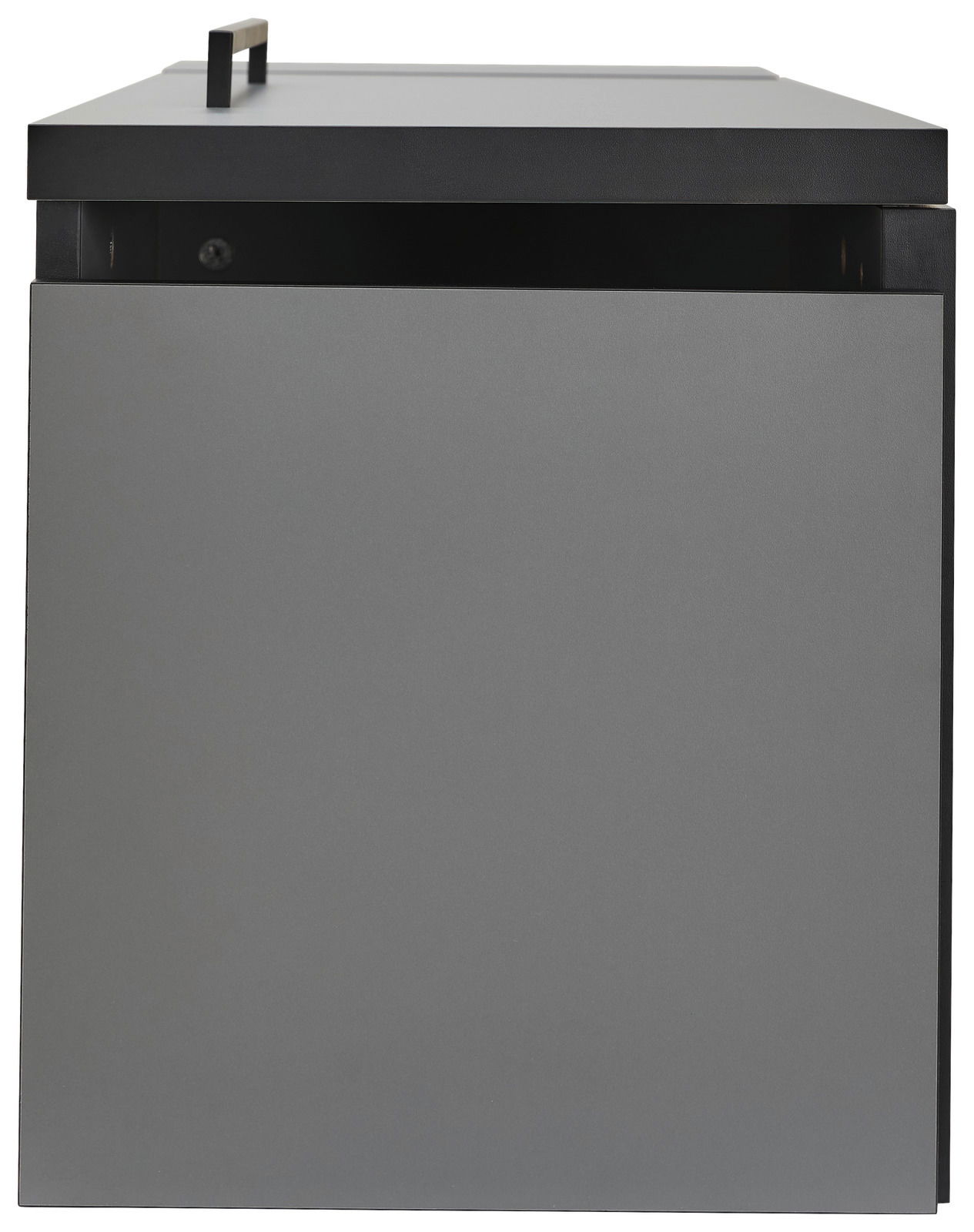 Graue Towerunit (Container) aus seitlicher Perspektive mit schwarzem Griff oben.