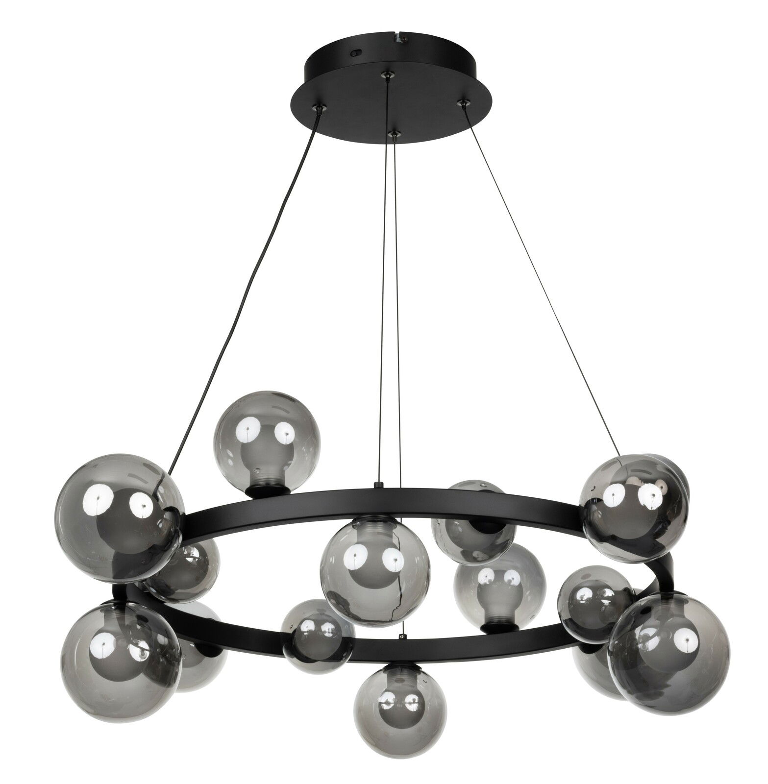 Moderne LED-Hängeleuchte mit mehreren rauchgrauen Glaskugeln, von unten betrachtet.