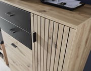 Moderner Schuhschrank aus Holz mit schwarzen Akzenten, seitliche Perspektive