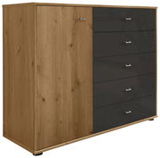 Kombikommode aus Holz mit einer Tür und vier Schubladen in dunklem Hochglanz, seitliche Perspektive