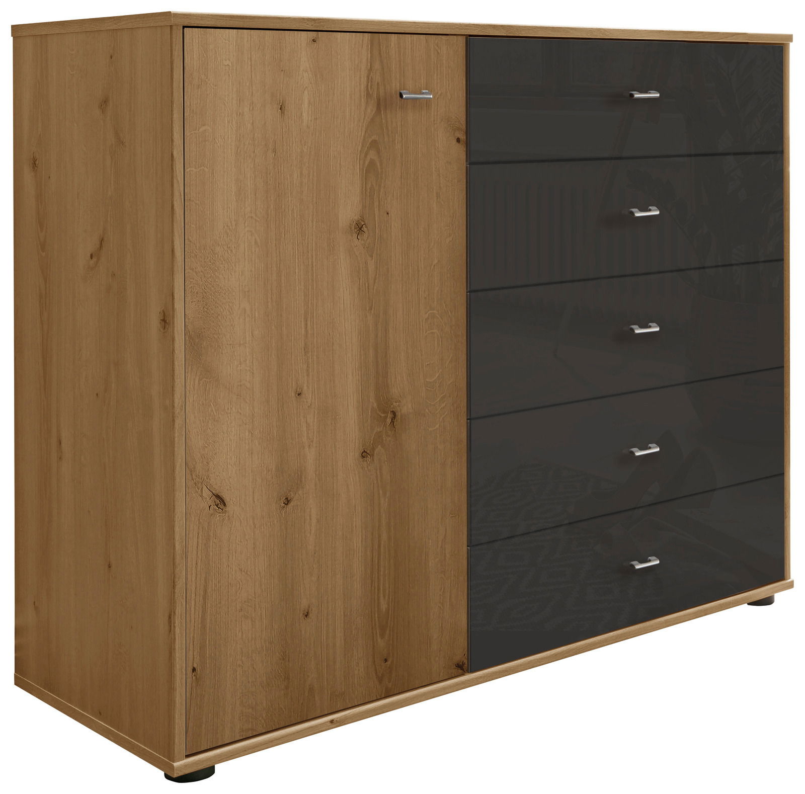 Kombikommode aus Holz mit einer Tür und vier Schubladen in dunklem Hochglanz, seitliche Perspektive