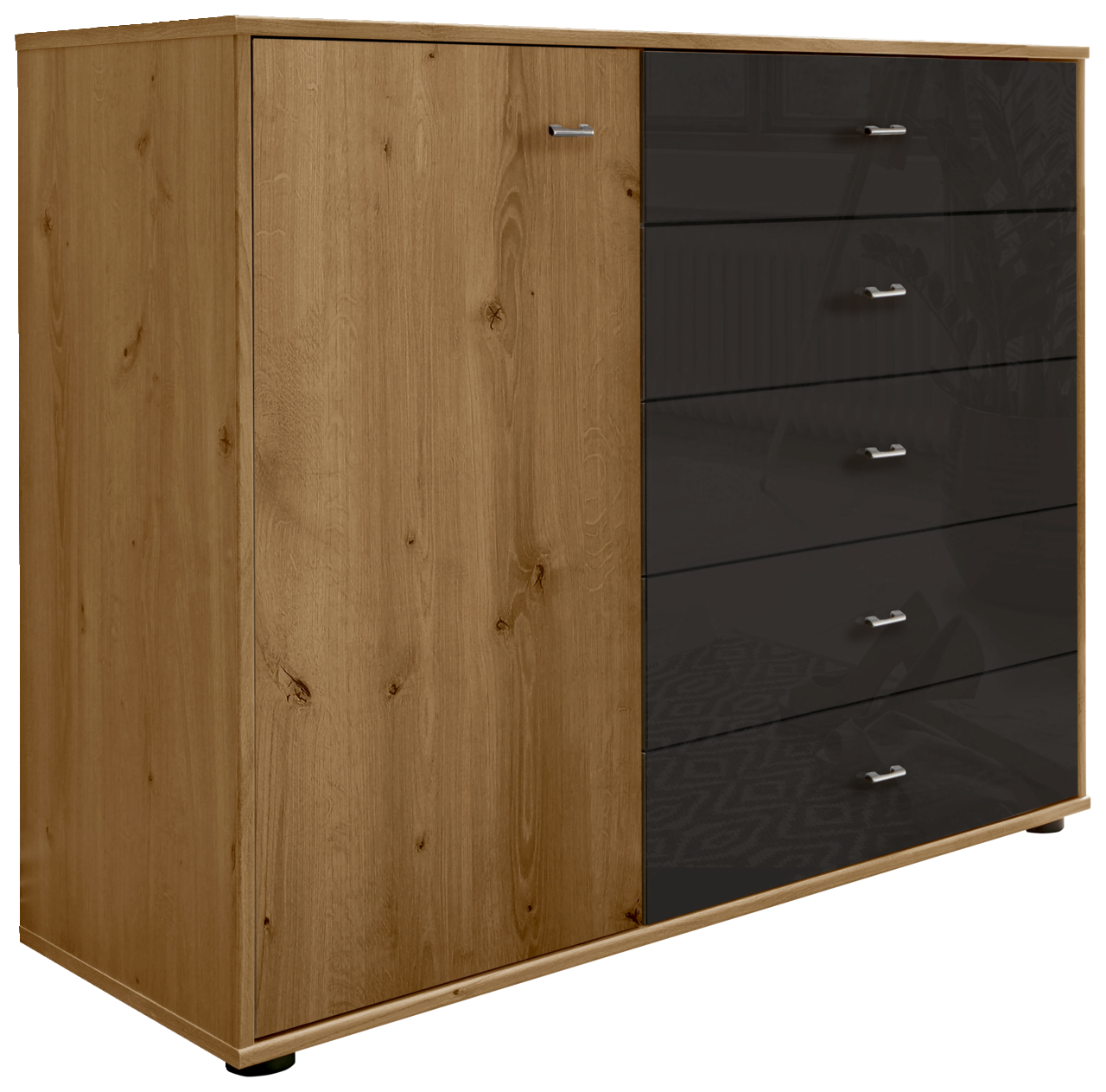 Novel Kombikommode SEVILLA Kombikommode aus Holz mit einer Tür und vier Schubladen in dunklem Hochglanz, seitliche Perspektive