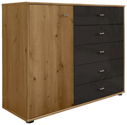 Kombikommode aus Holz mit einer Tür und vier Schubladen in dunklem Hochglanz, seitliche Perspektive